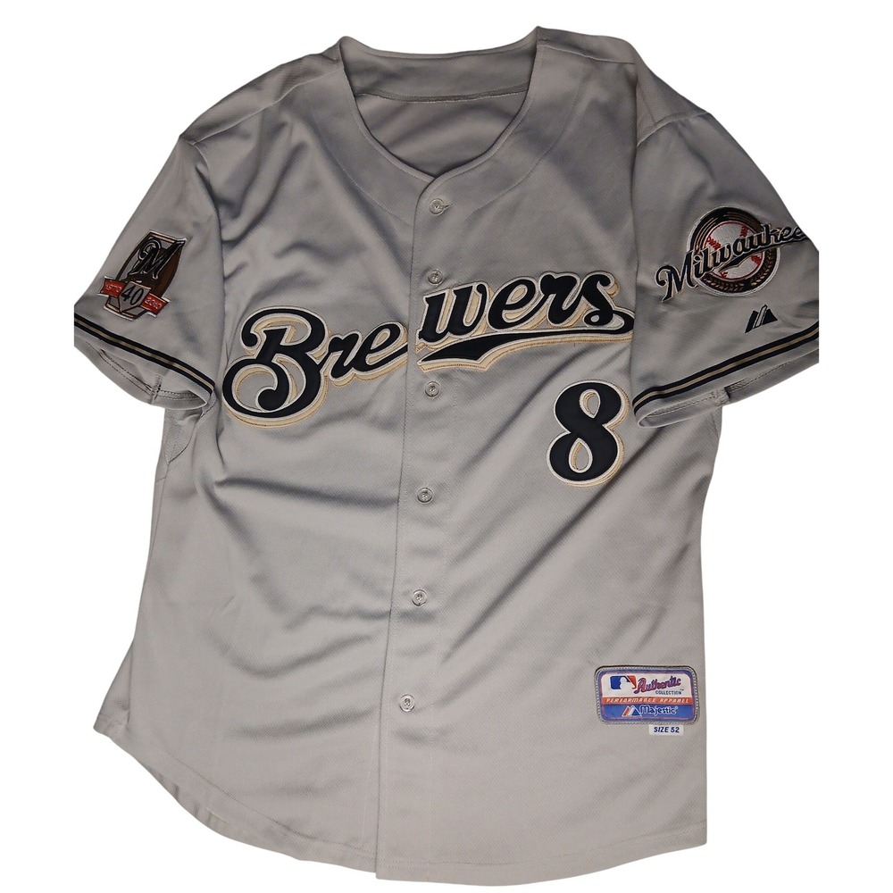 Majestic Milwaukee Brewers Ryan Braun #8 Authentic Jersey Grey‎ 40th Anniv Sz 52